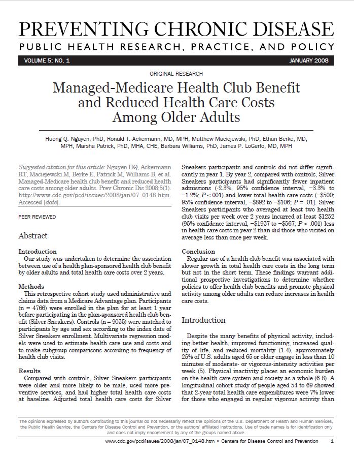Managed-Medicare Health Club Benefit and Reduced Health Care Costs Among Older Adults
