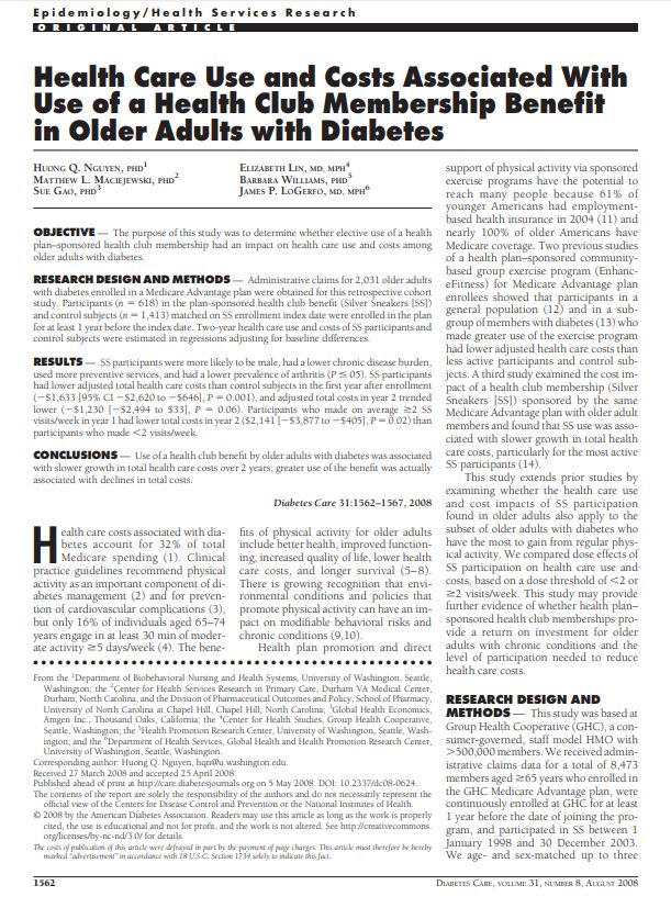 Health Care Use and Costs Associated With Use of a Health Club Membership Benefit in Older Adults with Diabetes