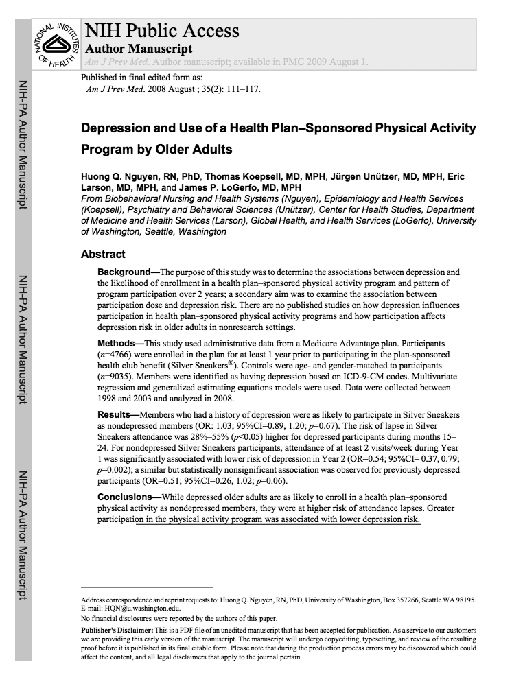 Depression and Use of a Health Plan–Sponsored Physical Activity Program by Older Adults