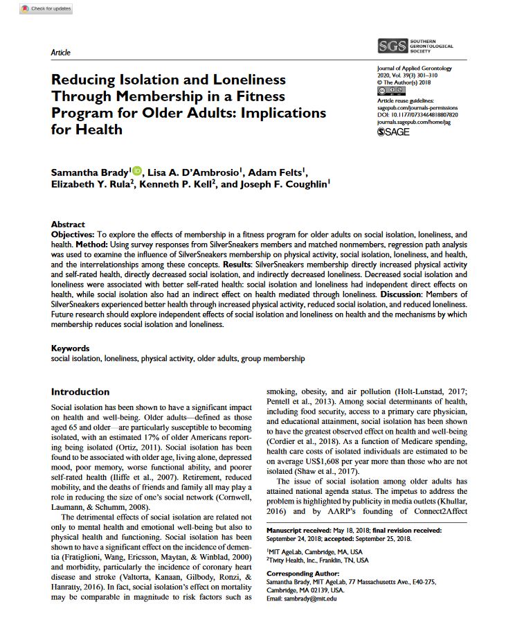 Reducing Isolation and Loneliness Through Membership in a Fitness Program for Older Adults